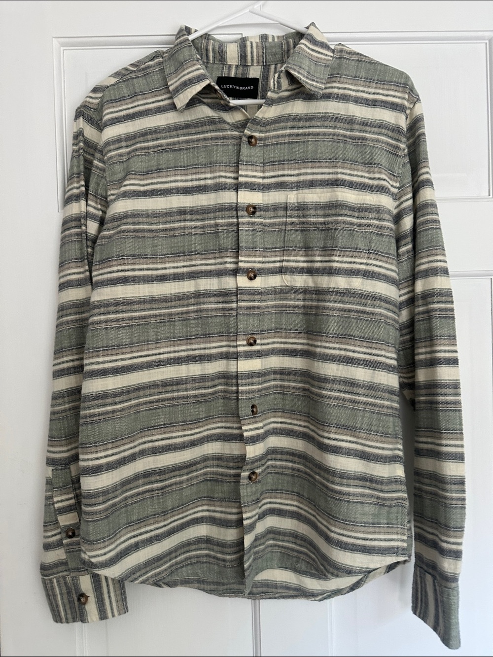 Lucky Brand Green and Cream Striped Casual Button-Down Shirt